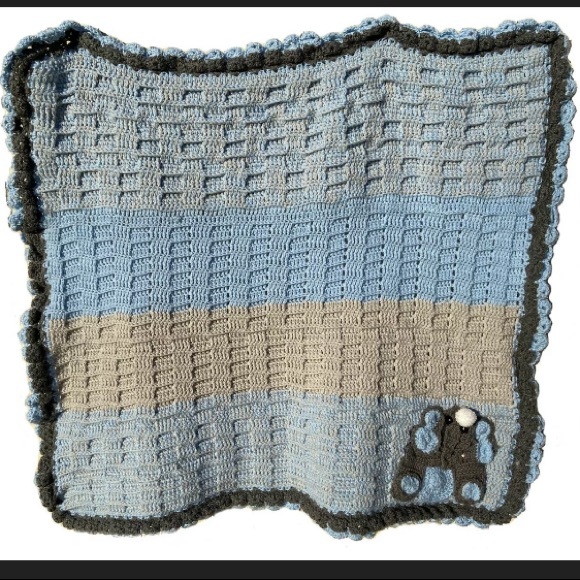Crochet Blue Baby and Gray Elephant Blanket - Picture 1 of 5